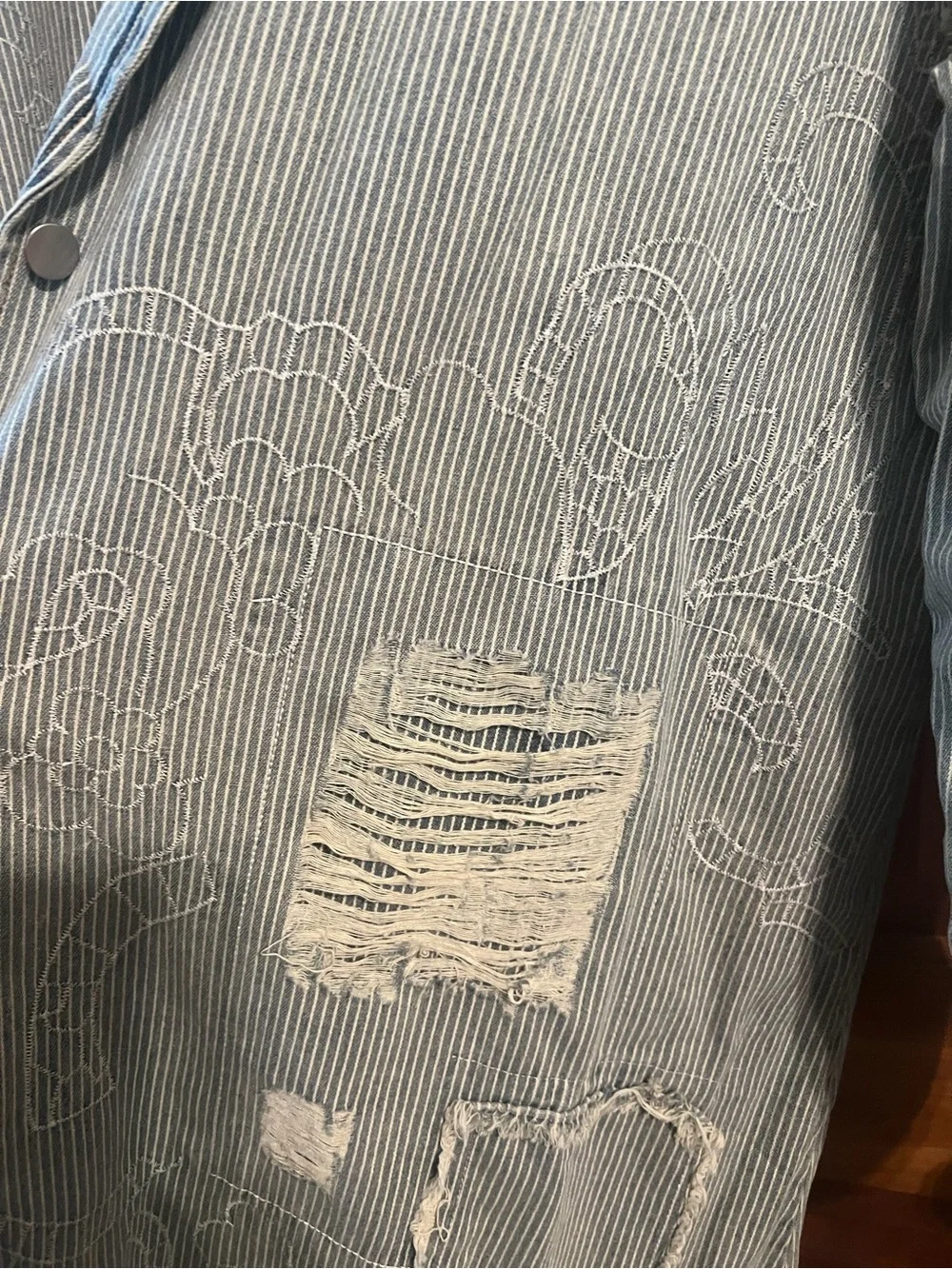 POL Light Blue Striped Trench Coat with White Distressed Detail - Picture 1 of 6